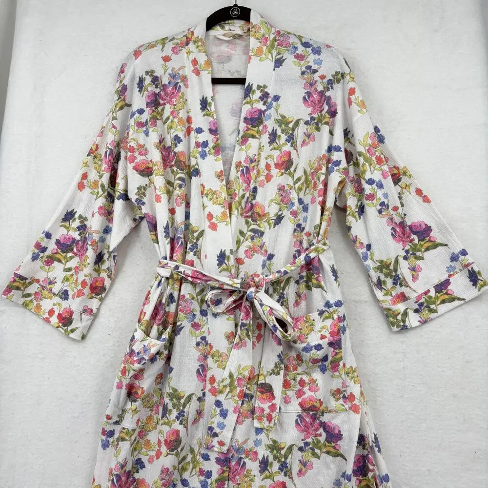 Soft Surroundings Bath Robe Size M White Multi Floral Belted Pockets Stretch - Picture 2 of 11